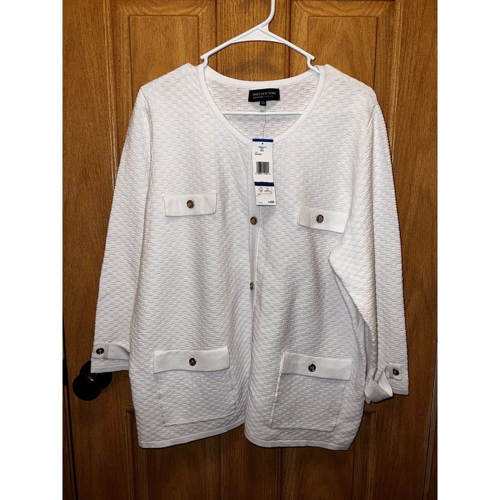 Jones New York NEW 1X Plus Sweater White Knit Cotton Gold Buttons Retail $129‎